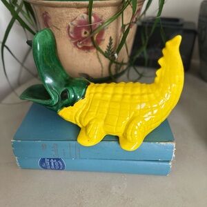 Vintage Ceramic Yellow and Green Alligator Figurine 1974